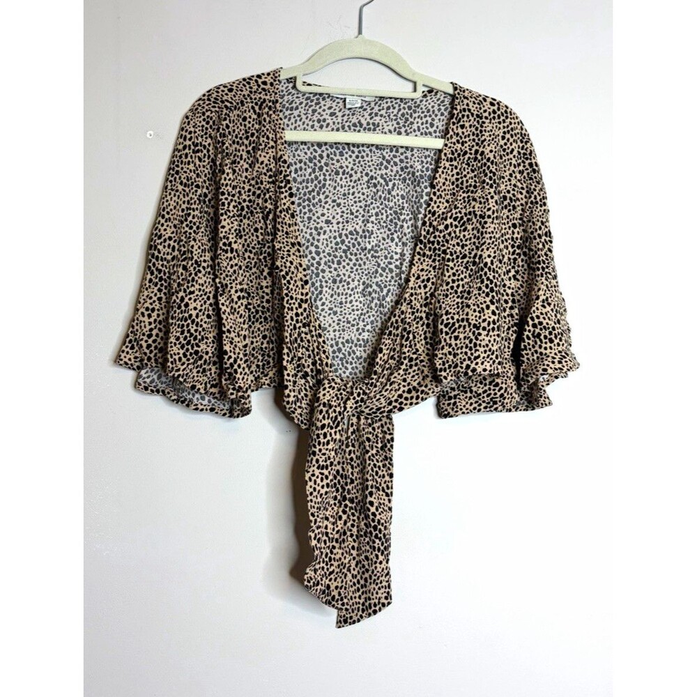 American Eagle Womens Beige Black Animal Print V-Neck Tie Front Blouse S